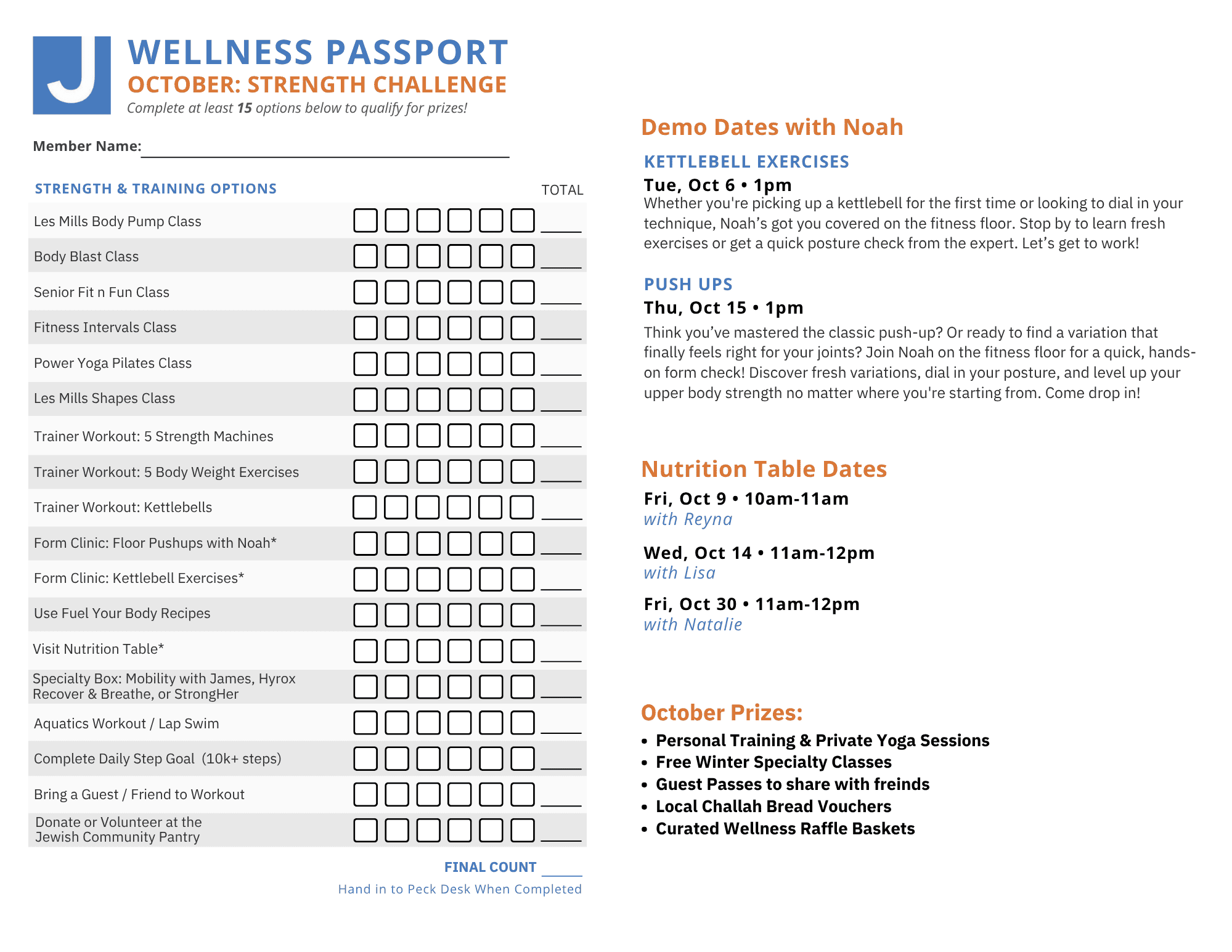 A fitness challenge tracking sheet with checkboxes for classes, a section for demo events, nutrition table dates, and October prizes listed on the right.